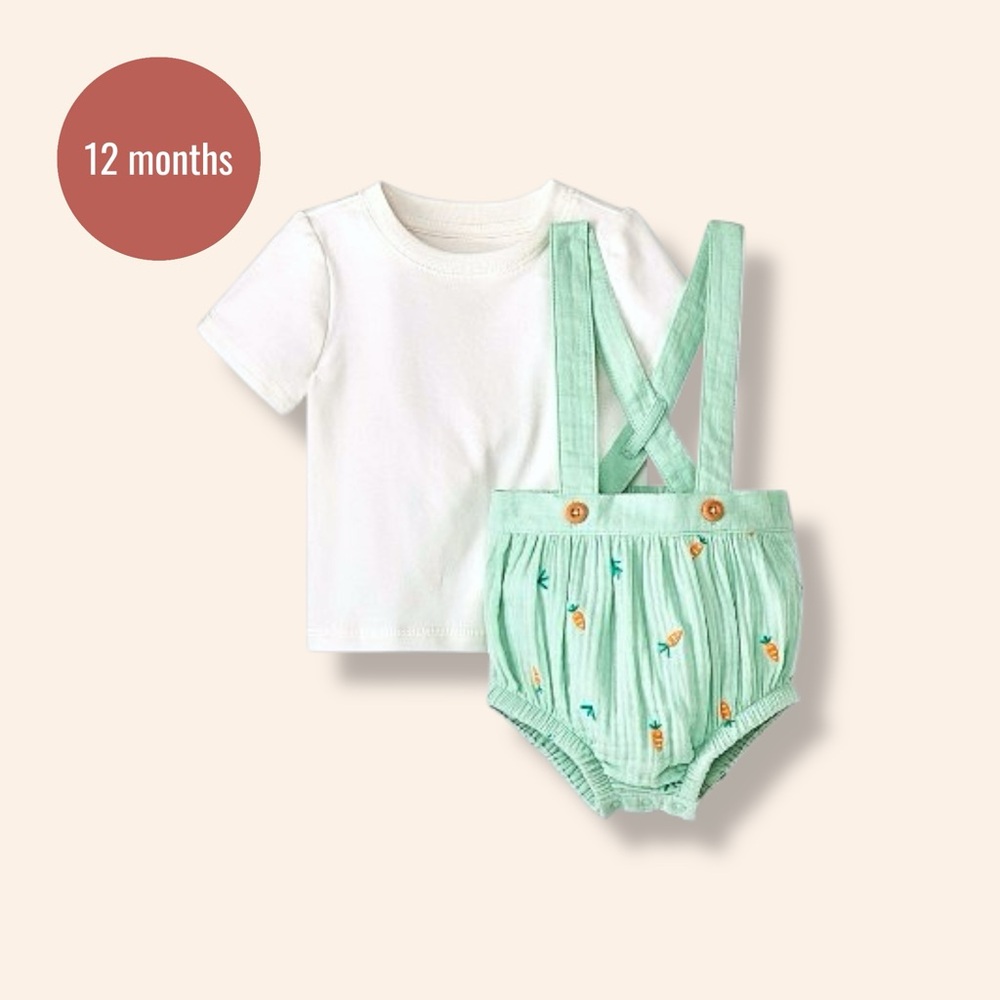 Baby Suspender Outfit Set – Mint Green Overalls & White Tee
